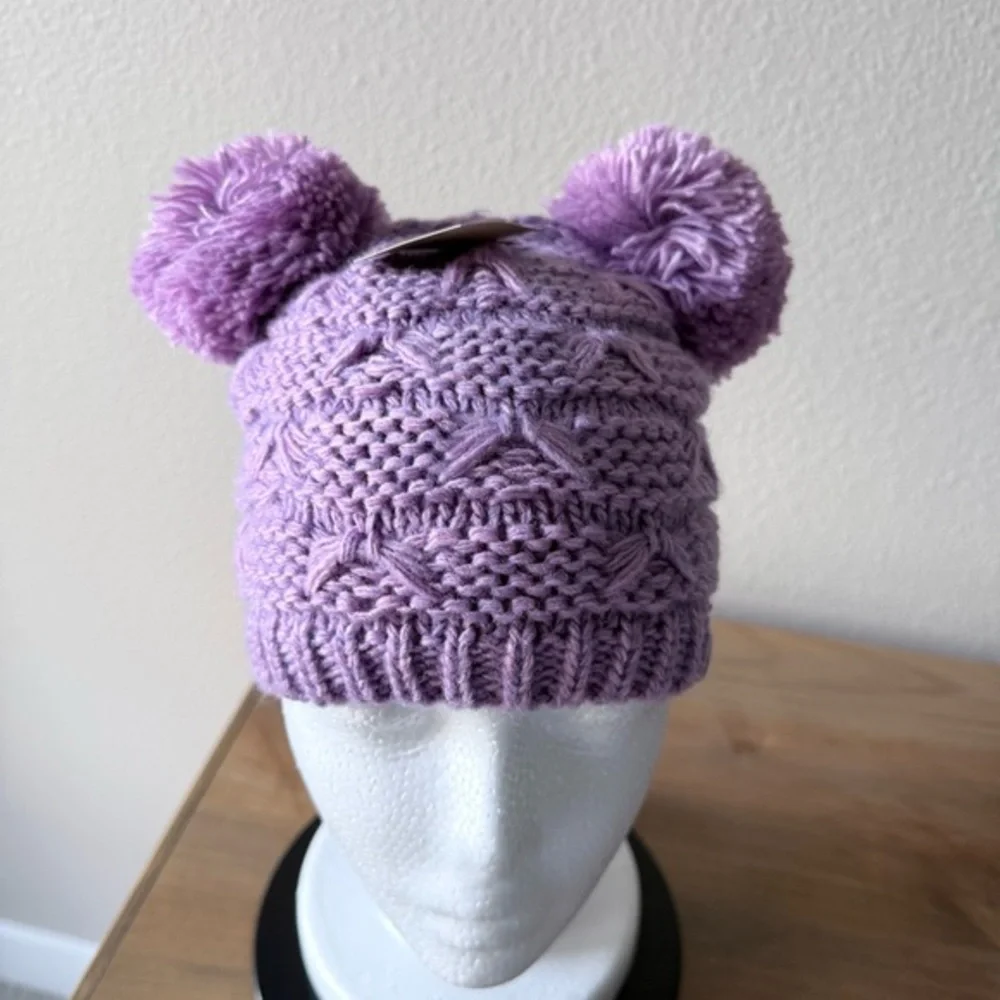 NWT C.C Kids purple knit wool blend beanie with two Pom-poms youth OS